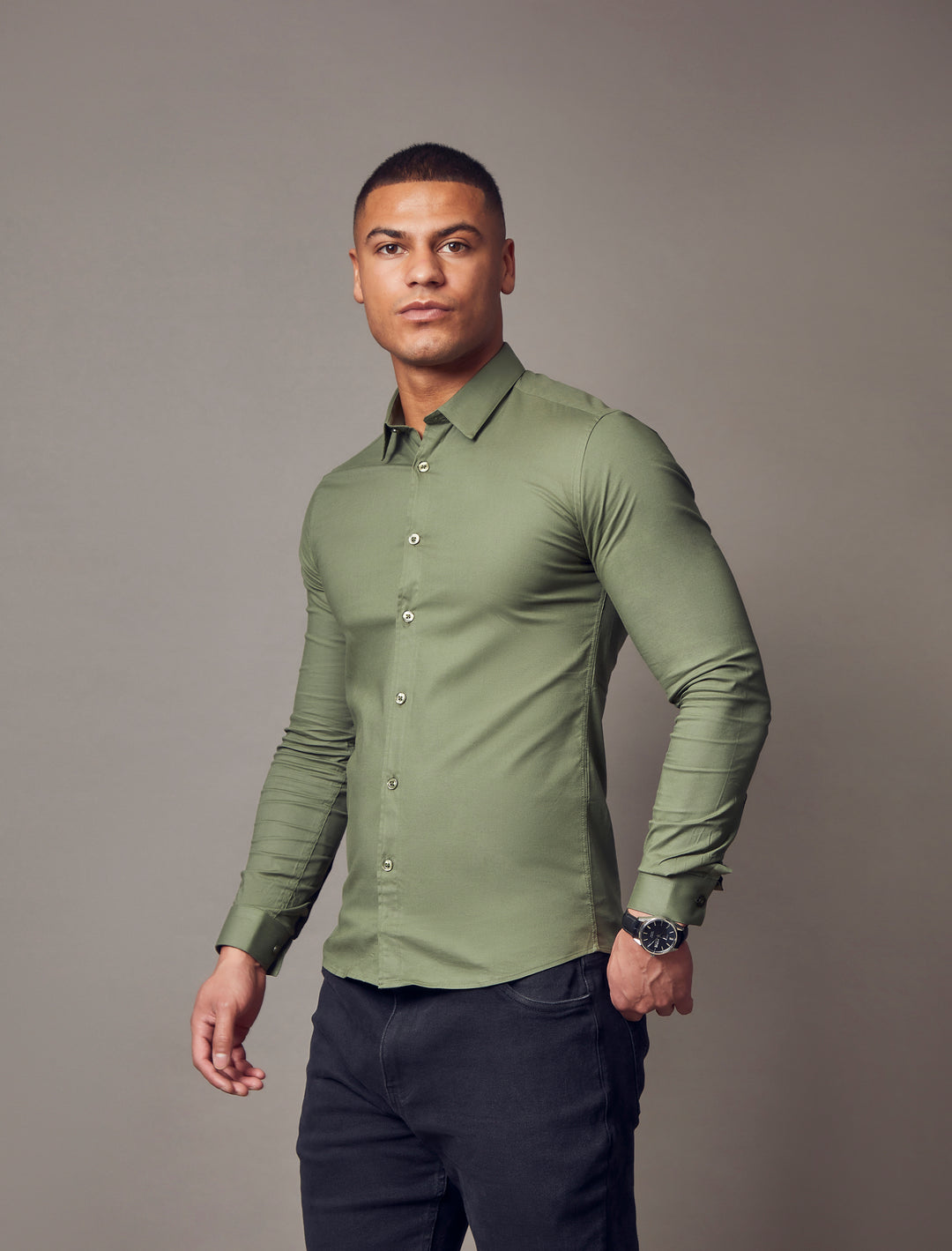 olive tapered fit shirt by Tapered Menswear, showcasing the muscle fit design for a comfortable and stylish silhouette