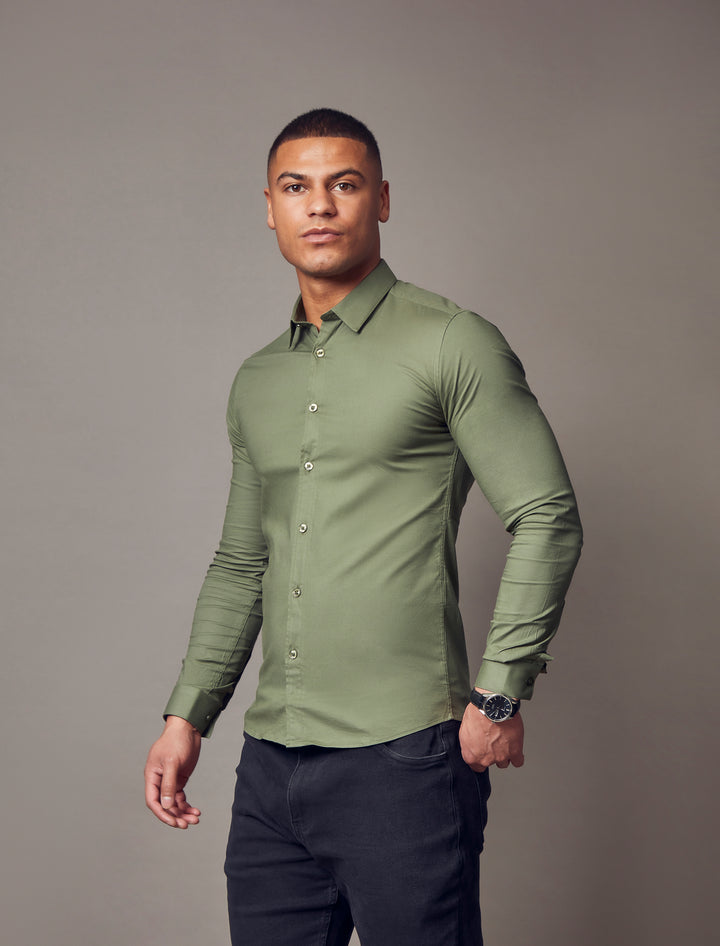 olive tapered fit shirt by Tapered Menswear, showcasing the muscle fit design for a comfortable and stylish silhouette