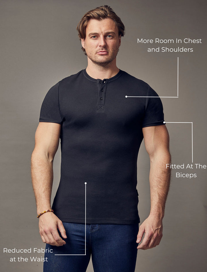 benefits of the black short sleeve tapered fit Henley by Tapered Menswear