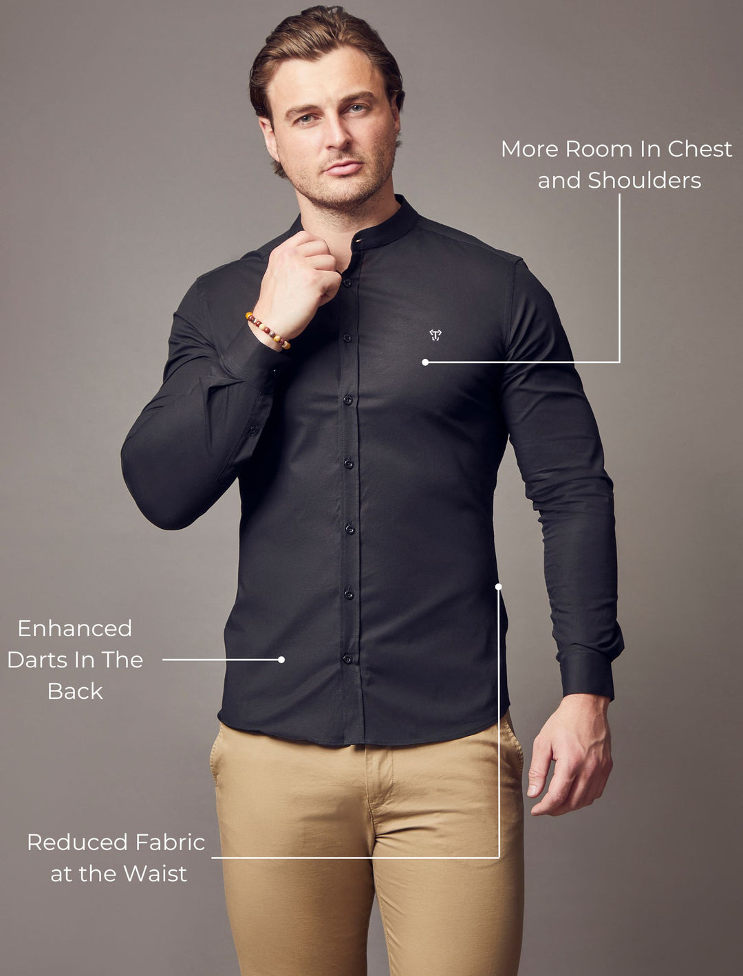 Grandad Collar Black Tapered Fit Shirt