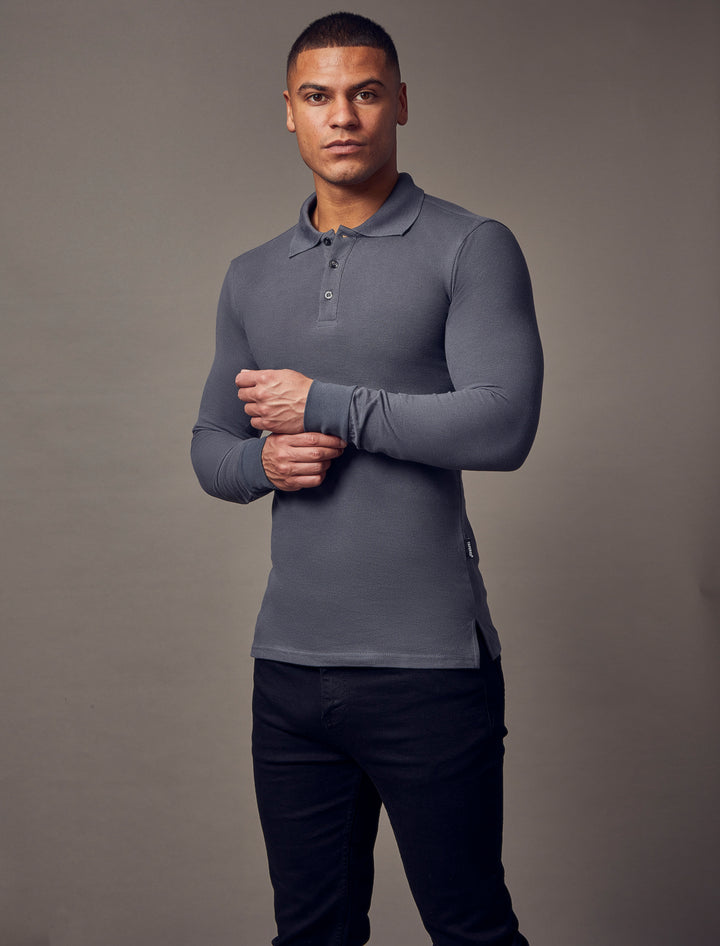  Dark grey, long-sleeve polo shirt with a tapered fit from Tapered Menswear, featuring a muscle-fit design to create a sleek and comfortable silhouette.