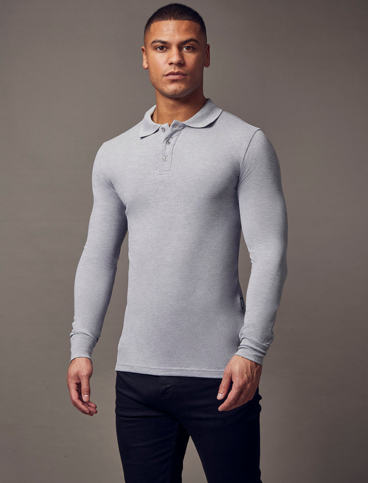 Long Sleeve Grey Tapered Fit Polo Shirt