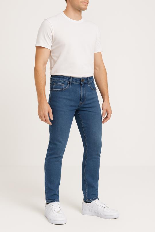Mid Wash Tapered Fit Jeans