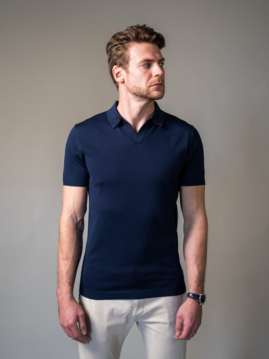 Navy Knitted Tapered Fit Polo Shirt