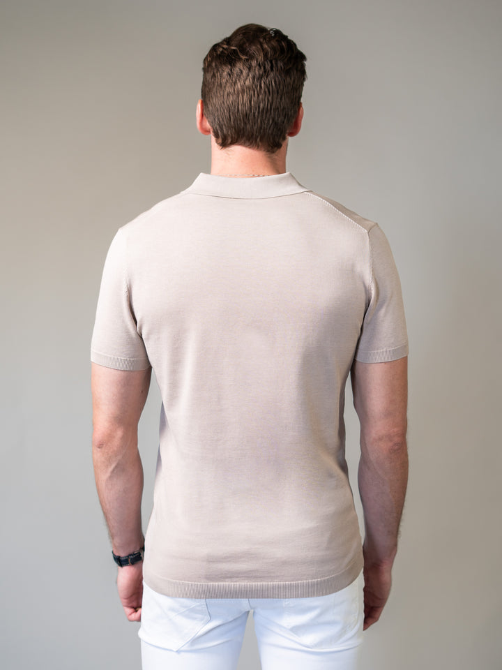 Tapered fit light brown knit polo with revere collar perfect for smart office style