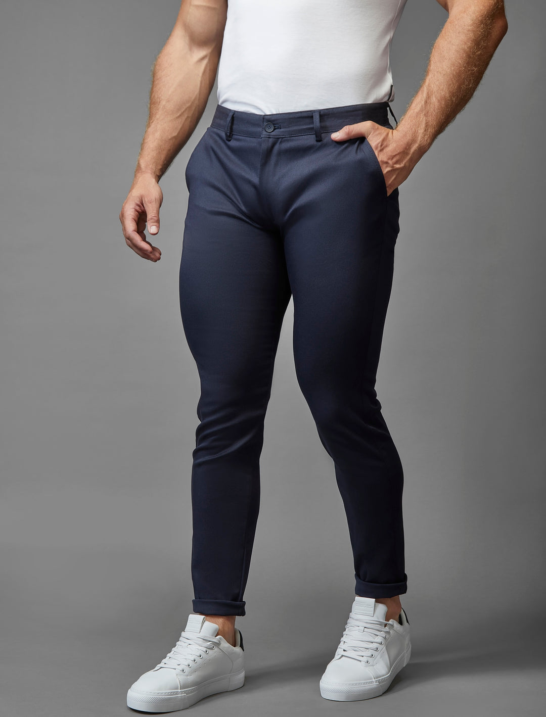 Navy athletic fit chinos by Tapered Menswear, designed with stretch for maximum comfort.