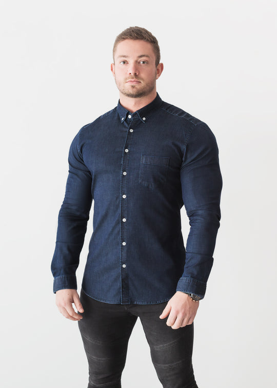 Navy Denim Tapered Fit Bodybuilder Shirt