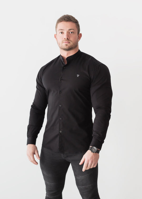 Grandad Collar Black Tapered Fit Bodybuilder Shirt