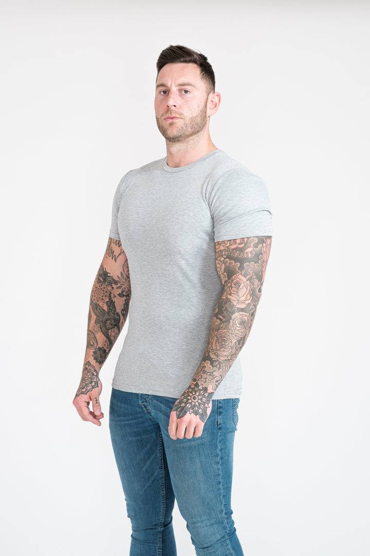 Grey Tapered Fit T-Shirt For Men. A Proportionally Fitted and Muscle Fit T-Shirt. The best t shirt for muscular guys.