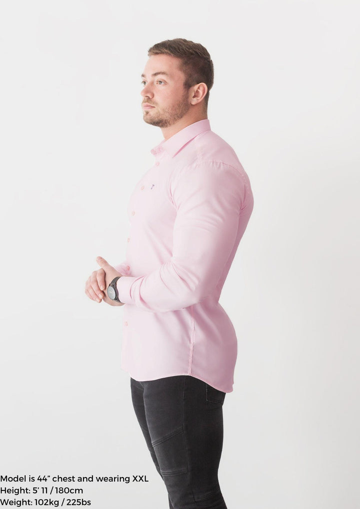 Light Pink Tapered Fit Shirt For Men. A Proportionally Fitted and Pink Muscle Fit Shirt. Ideal for bodybuilders.