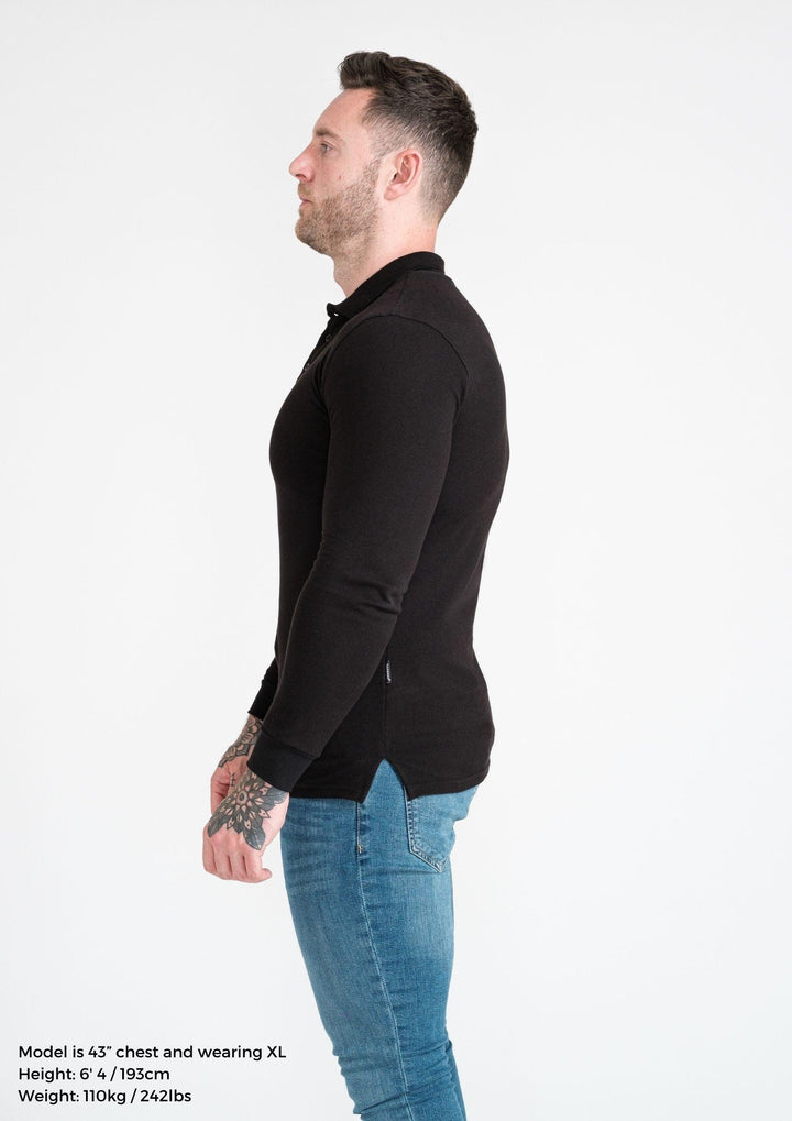 Long Sleeve Black Muscle Fit Polo. A Proportionally Fitted and Atheltic Fit Polo. Ideal for bodybuilders.