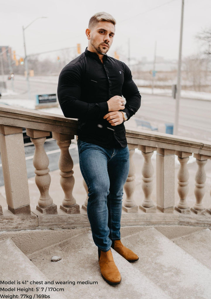 Grandad Collar Black Tapered Fit Shirt