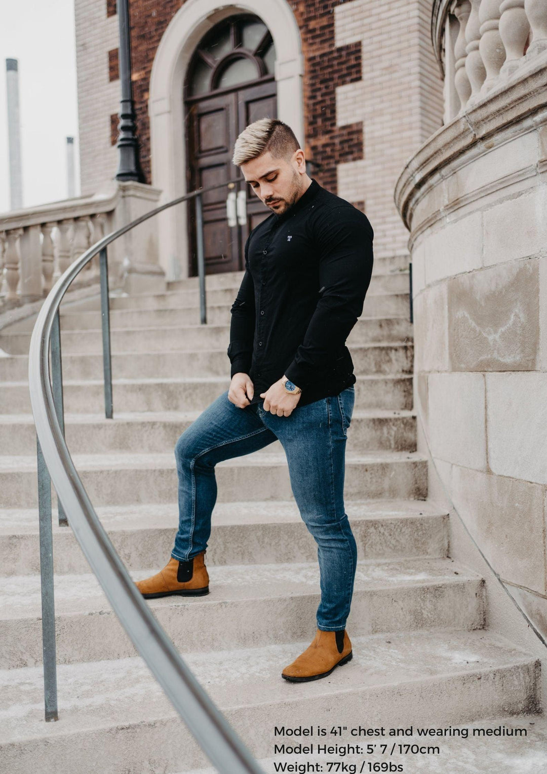 Grandad Collar Black Tapered Fit Shirt