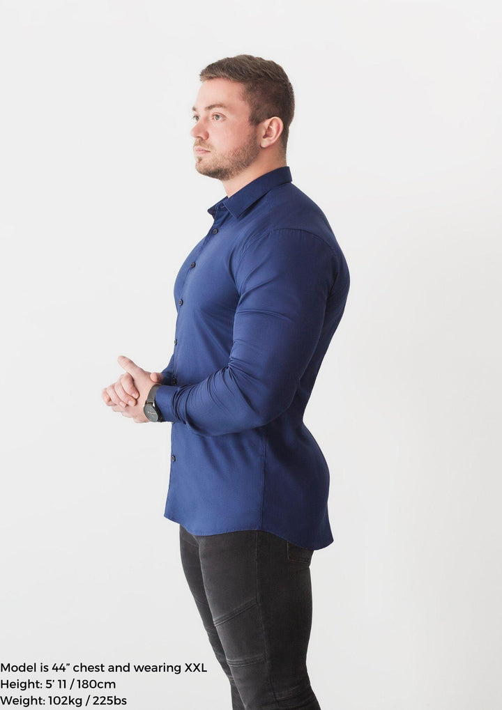 Navy Blue Tapered Fit Shirt. A Proportionally Fitted and Comfortable Navy Muscle Fit Shirt. Ideal for bodybuilders