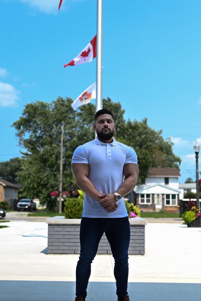 White muscle Fit Polo Shirt in white. A Proportionally Fitted and muscle Fit Polo in White. Ideal for bodybuilders.