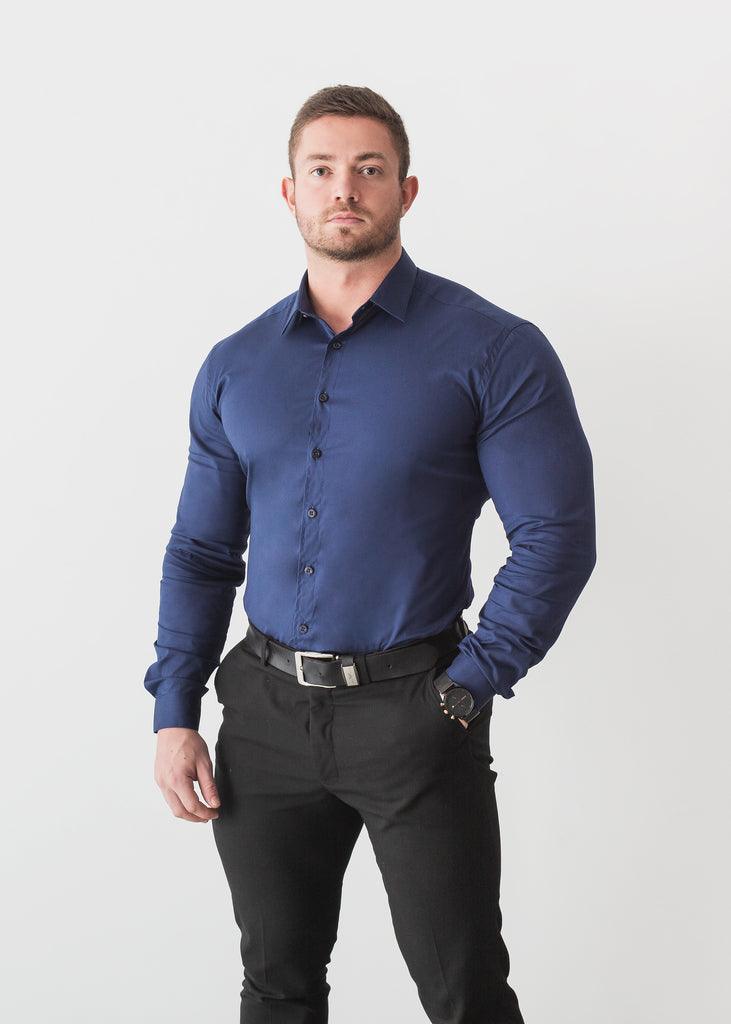 Navy Blue Tapered Fit Shirt. A Proportionally Fitted and Comfortable Navy Muscle Fit Shirt for formal occasions. Ideal for bodybuilders