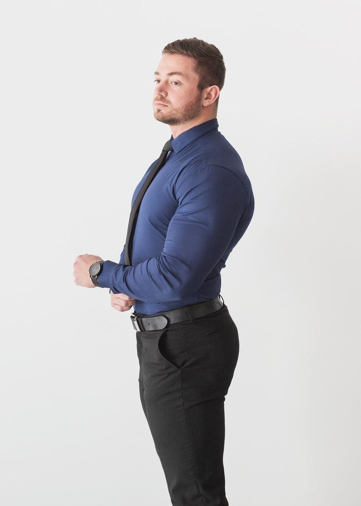 Navy Blue Muscle Fit Shirt with Tie. A Proportionally Fitted and Comfortable Navy Muscle Fit Shirt. Ideal for bodybuilders