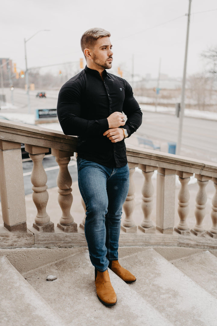 Grandad Collar Black Tapered Fit Shirt