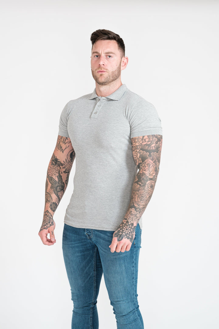 Muscle Fit Polo Shirt For Men in Grey. A Proportionally Fitted and Muscle Fit Polo. Ideal for muscular guys.