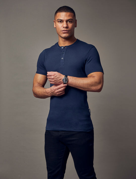 Navy Short Sleeve Tapered Fit Henley